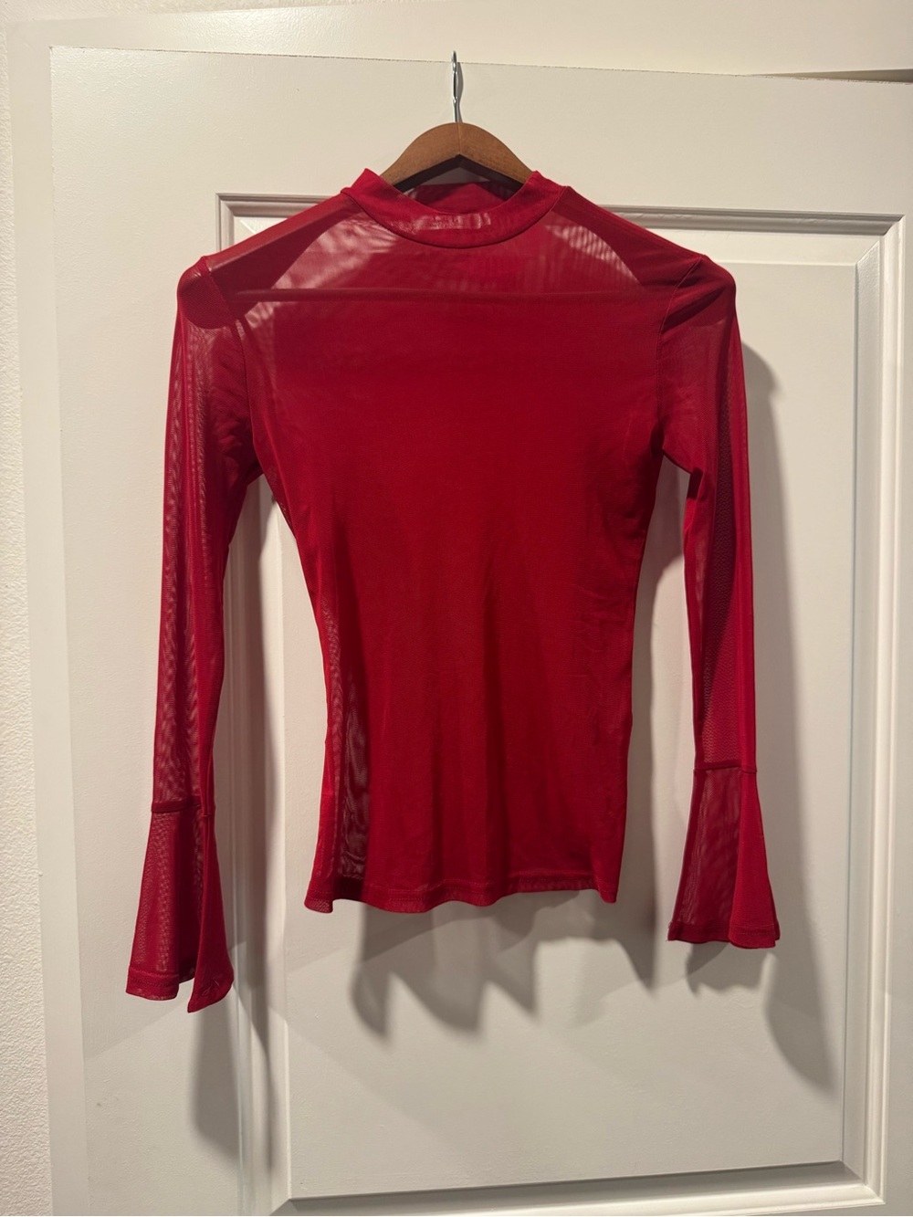 Red Mesh Long-Sleeve Women's Top